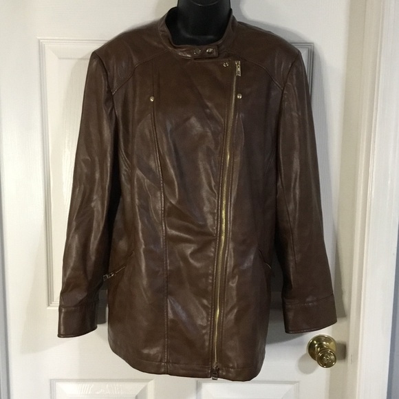 Chicos chocolate brown faux leather Moto  jacket, size 3, NWOT. - Picture 1 of 13
